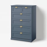 FÅGELFJÄLLET blue chest, 6 drawers, brass handles, rectangular shape, classic design.
