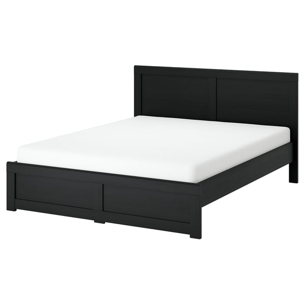 FÅGELFJÄLLET black oak bed, sleek & modern, white mattress, wooden slats & panels, elegant headboard.