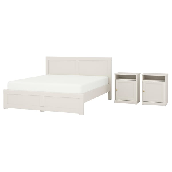 Inclusively designed; white bed, two nightstands; modern traditional style; crafted details; practical storage.