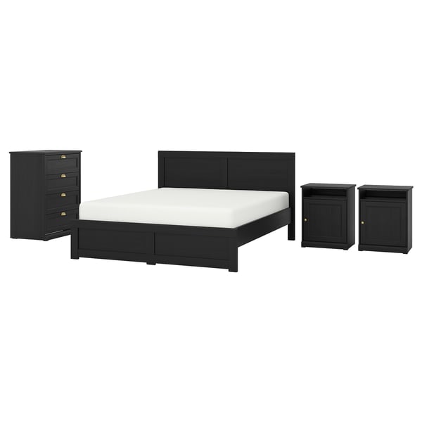 Black bedroom furniture set with modern design; includes bed, two nightstands, and dresser. Dark wood finish and brass handles.