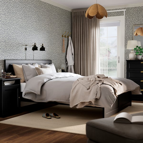 FÅGELFJÄLLET Bedroom furniture, set of 4, black oak effect, Full/Double