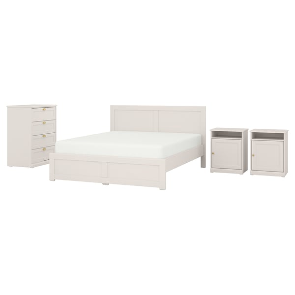 Fägelfjället white bedroom set: bed, two nightstands, dresser. Classic, crafted look with brass knobs.