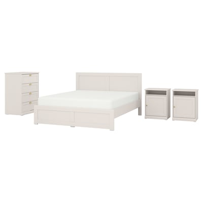 Fägelfjället white bedroom set: bed, two nightstands, dresser. Classic, crafted look with brass knobs.