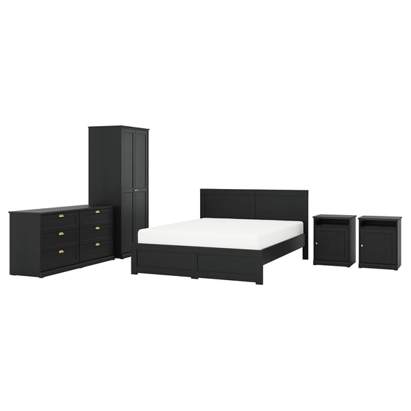 FÅGELFJÄLLET black oak bedroom set: bed, dresser, closet, nightstands in classic design.