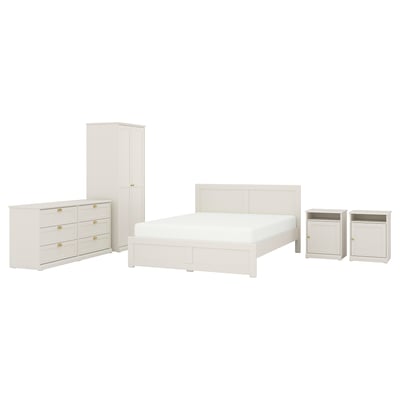 FÅGELFJÄLLET bedroom set: bed, nightstands, dresser, wardrobe with brass knobs.