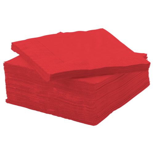 A stack of bright red folded napkins, neatly arranged and made of paper.