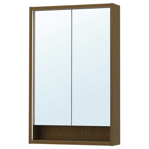 A FAXÄLVEN mirror cabinet in wood, with mirrored sliding doors and built-in lighting. It includes shelves for storage and has a sleek, modern design.