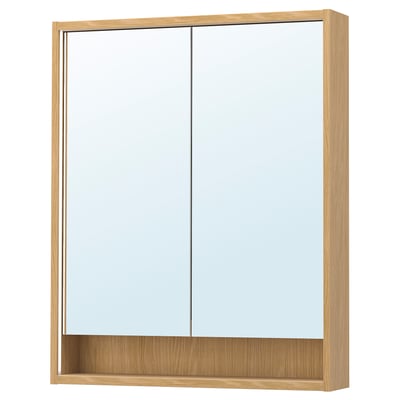 FAXÄLVEN Mirror cabinet w built-in lighting, oak effect, 30x6x37 "