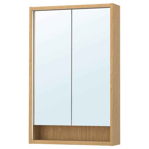 Faxaeven mirror cabinet, light wood, rectangular, mirrored doors, built-in lighting, wall-mounted.