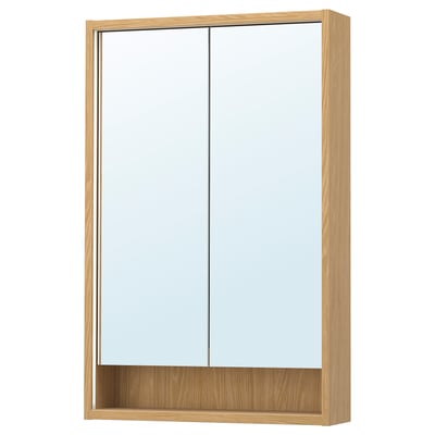 FAXÄLVEN Mirror cabinet w built-in lighting, oak effect, 24x6x37 "