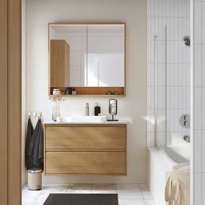 FAXÄLVEN Mirror cabinet w built-in lighting, oak effect, 36x6x37 "