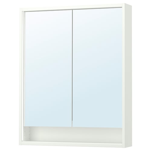 A white FAXÄLVEN mirror cabinet with integrated lighting. It has two mirrored doors and a shelf below.