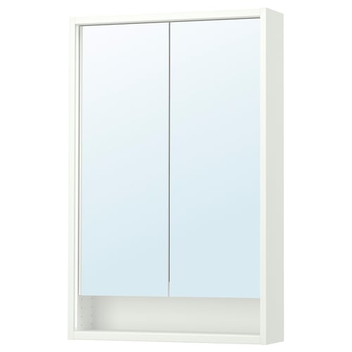 White FAXÄLVEN mirror cabinet with lighting and storage.