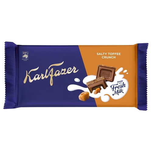 Image a FAZER salty toffee crunch chocolate bar wrapper showcasing its branding and flavour details.
