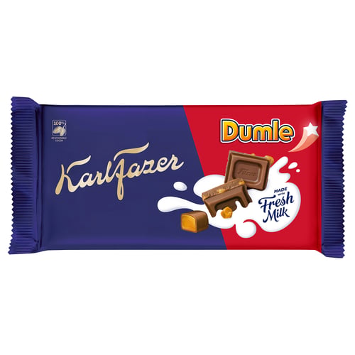 Image depicts a FAZER dumle chocolate bar wrapper. Split blue and red colours with chocolate images.