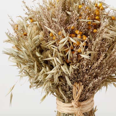 Dried flowers, tied with string, muted yellows and beiges.