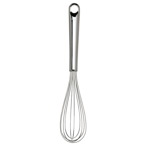 Silver FINMAT whisk, curved handle, ergonomic grip. Polyamide & stainless steel.