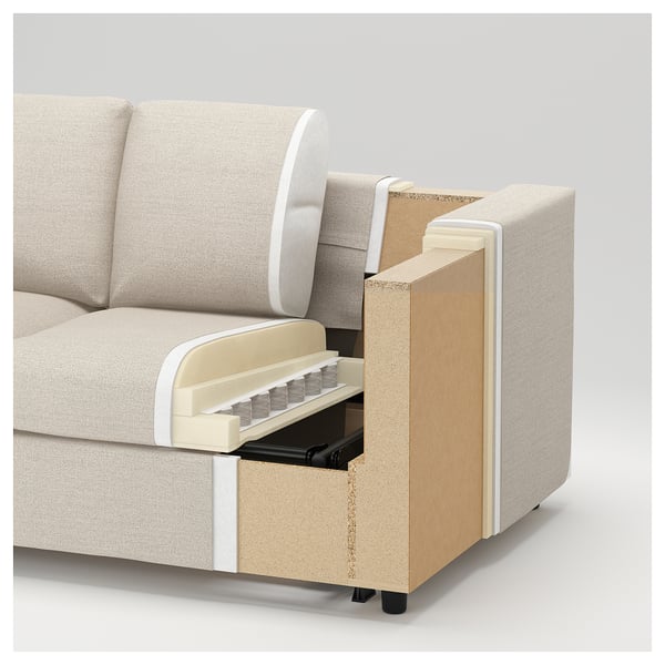 Sofa section with polyester, foam, wood, metal springs, and plastic legs.