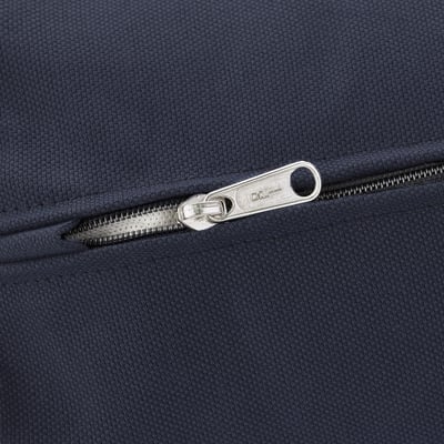 Close-up of a high-quality zip on a navy blue fabric, showcasing its sleek design and sturdy construction.
