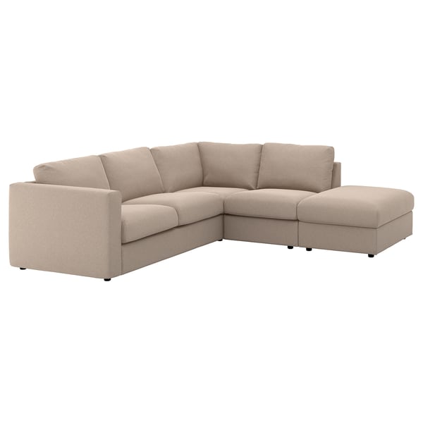 Modern beige sectional sofa with chaise, clean lines, corner design, and removable cover.