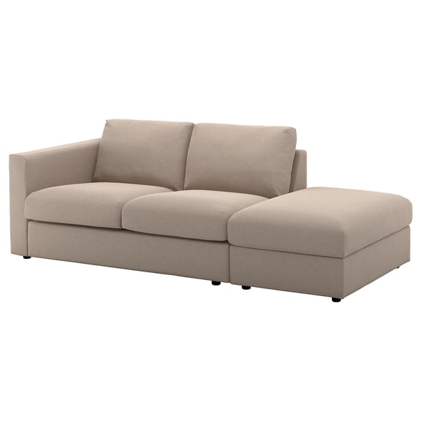 FINNALA sofa, beige, boxy design, fabric cover, and attached chaise.