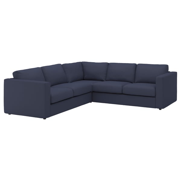 Finnaila navy-blue sectional sofa, modern design, l-shape with square cushions.
