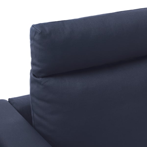 Dark blue sectional sofa detail, showcasing plush, durable fabric and supportive, likely washable cover.