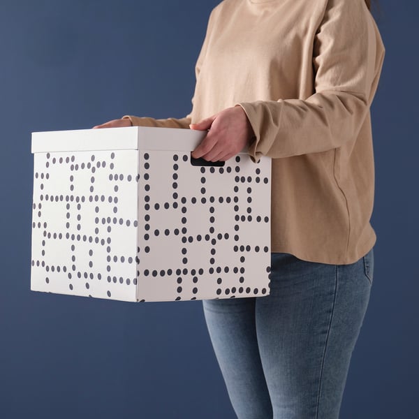 FJÄDERHARV Storage box with lid, white/dotted, 12 ½x13 ¾x12 ¼ "