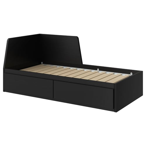 A black FLEKKE day-bed with drawers and a slatted base. It has a wooden frame with a modern, minimal design.