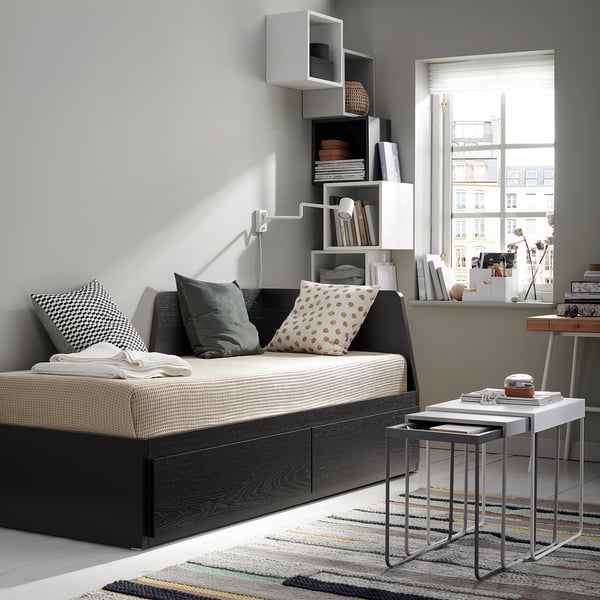 FLEKKE Daybed with 2 drawers/2 mattresses, black-brown/Åsvang medium firm, Twin