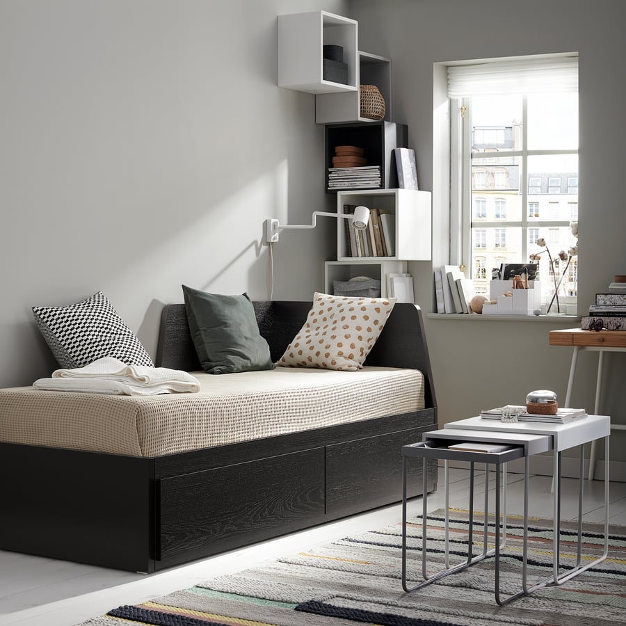 FLEKKE daybed with 2 drawers/2 mattresses, blackbrown/Vannareid firm