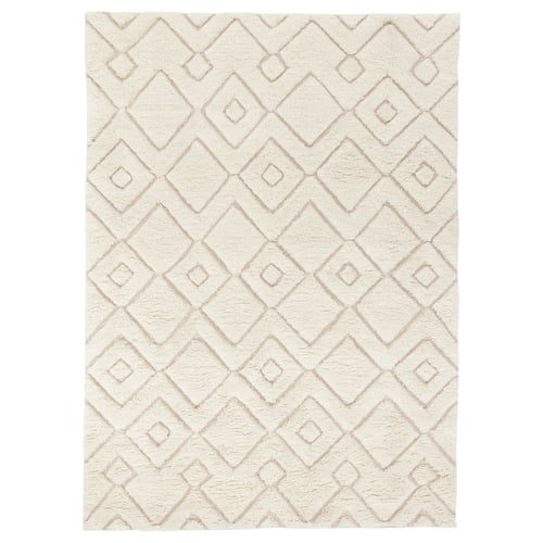 FLYGVÄG: cream hand-woven wool rug with cotton, featuring geometric diamond patterns.