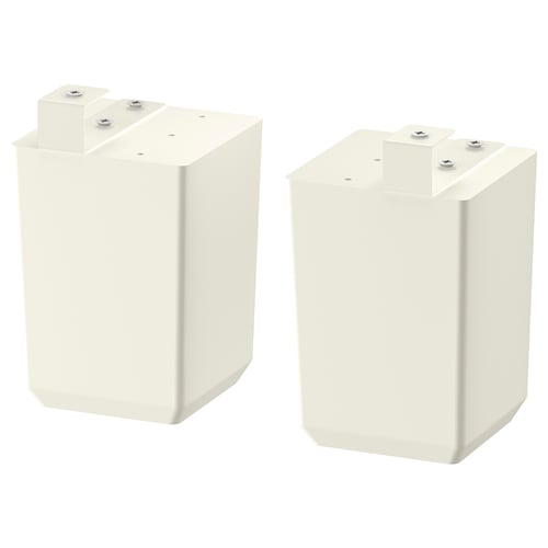 Two white adjustable cabinet legs, each with a simple square shape and metallic screws at the top for secure attachment.