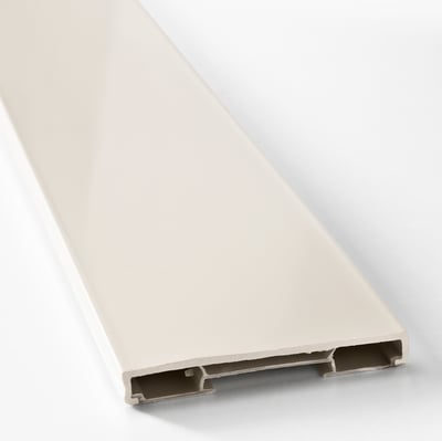 White plastic kitchen cabinet plinth, smooth surface with durable finish, angled view showing end detail.