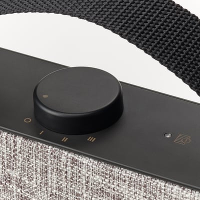 Black air purifier with round power button and fabric straps. Modern design with gold control markings.