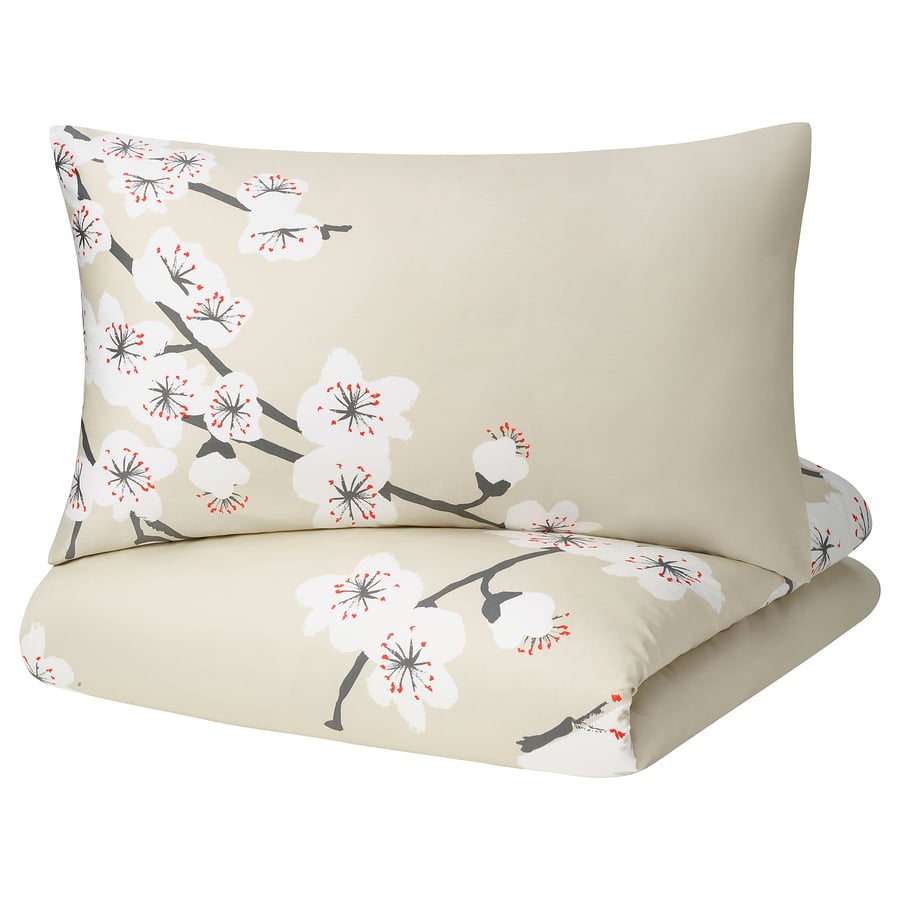 Duvet cover and pillowcase(s), beige/plum blossom,