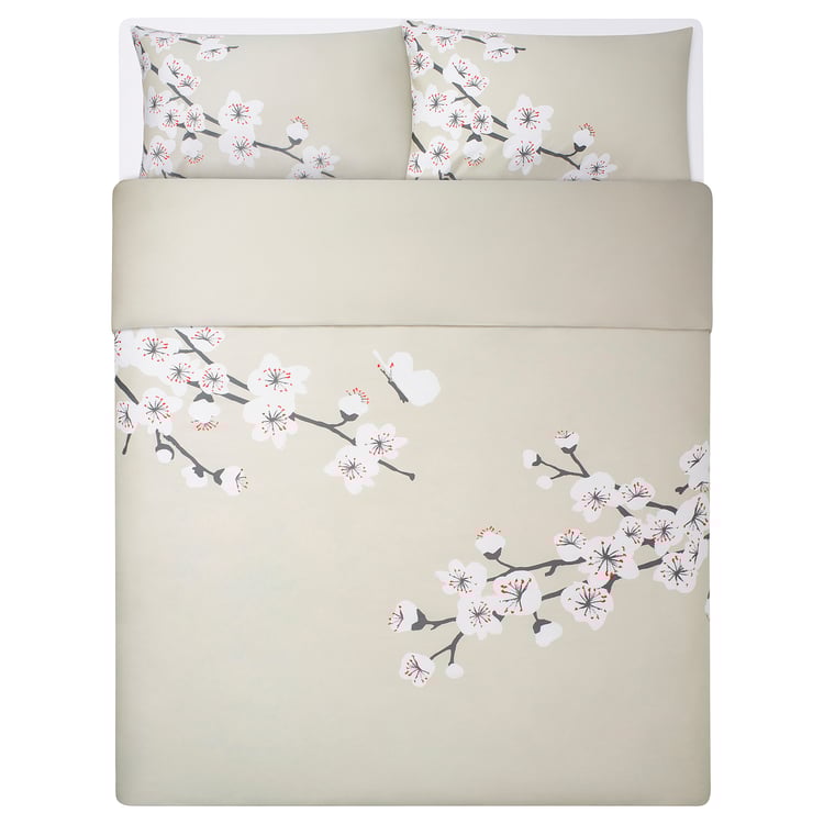 FÖSSTA Duvet cover and pillowcase(s), beige/plum blossom, Full/Queen
