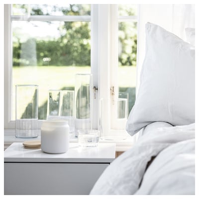 FRAMFÄRD Scented cndl in glass w lid/2 wicks, Fresh linen/white frosted glass, 70 hr