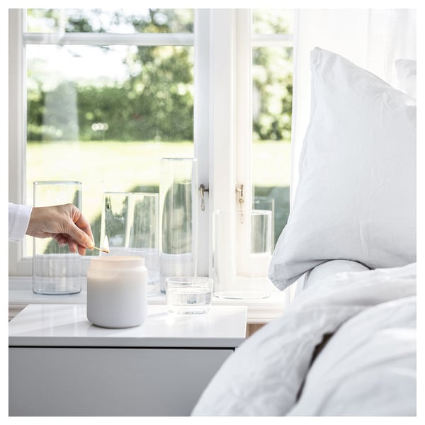 FRAMFÄRD Scented cndl in glass w lid/2 wicks, Fresh linen/white frosted glass, 70 hr