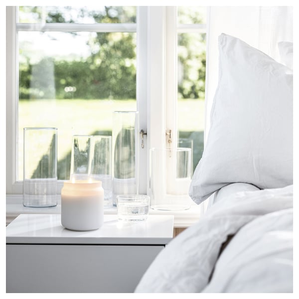 FRAMFÄRD Scented cndl in glass w lid/2 wicks, Fresh linen/white frosted glass, 70 hr