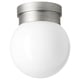 A round white FRIHULT ceiling light with a silver metal finish and glass shade, designed for bathrooms.