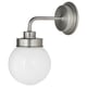 Product: FRIHULT, wall lamp with spherical glass shade, brushed nickel finish. Modern yet vintage style, ideal for bathrooms.