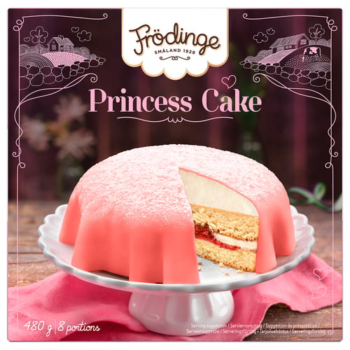 Image a pink princess cake from FRÖDINGE, with a slice removed, displayed on a silver cake stand, against a decorative background.