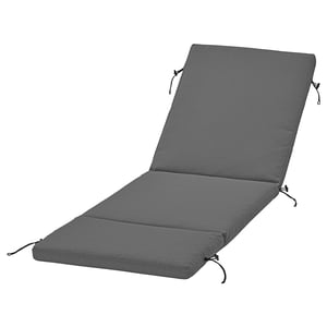Grey outdoor lounge cushion, recycled materials. Rectangular, zippered, and secured with straps.