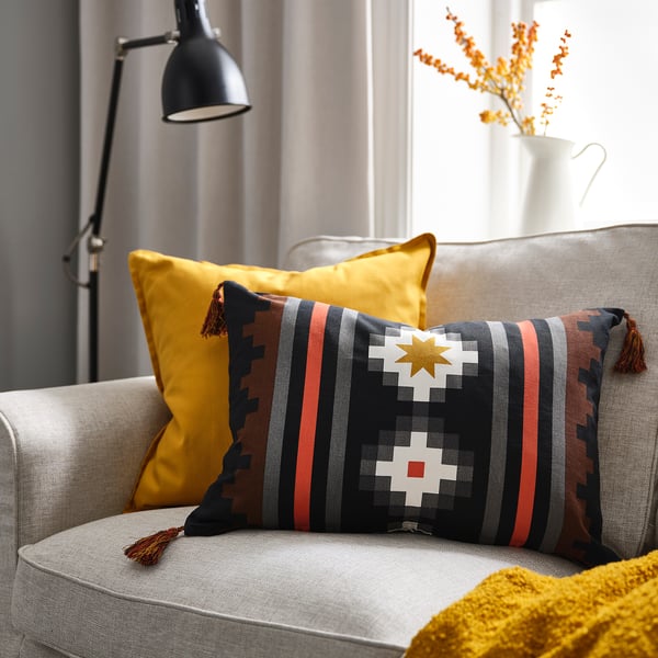 FRUKTMOTT Cushion cover, black/orange-red, 16x23 "