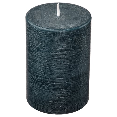 FRUKTSKOG black candle, cylindrical, textured surface, unlit wick, rustic forest scent.