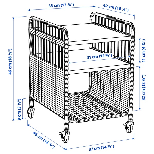 FRYKSÅS Storage unit on casters, rattan, 14 5/8x20 7/8 "