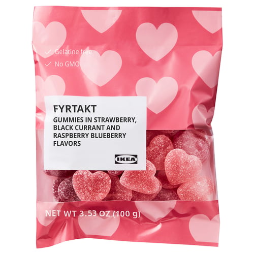 FYRTAKT gummies by IKEA: strawberry, black currant, raspberry-blueberry, heart-shaped, gelatin-free, 3. 53 oz