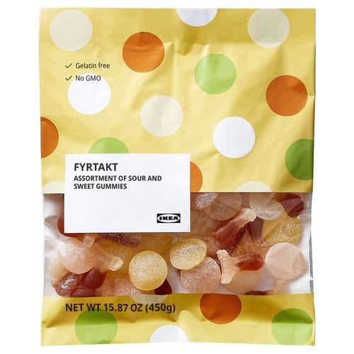 Bag of IKEA FYRTAKT gummies; gelatin-free, various shapes and flavours.