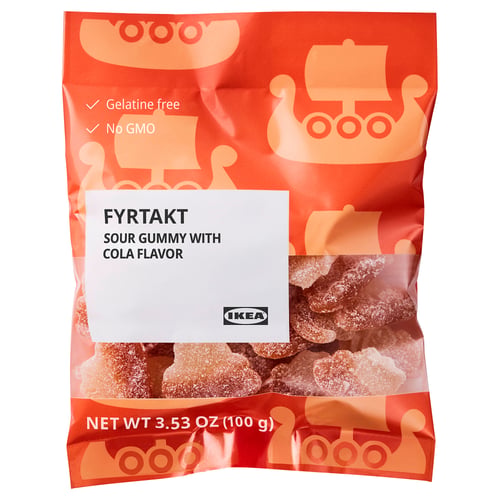 Package of IKEA FYRTAKT sour gummy cola-flavored candy, 3. 53 oz. Gelatin-free, no gmo.